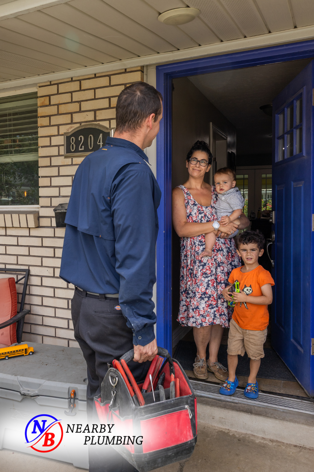 A Nearby Plumbing plumber arriving at a Utah family's home