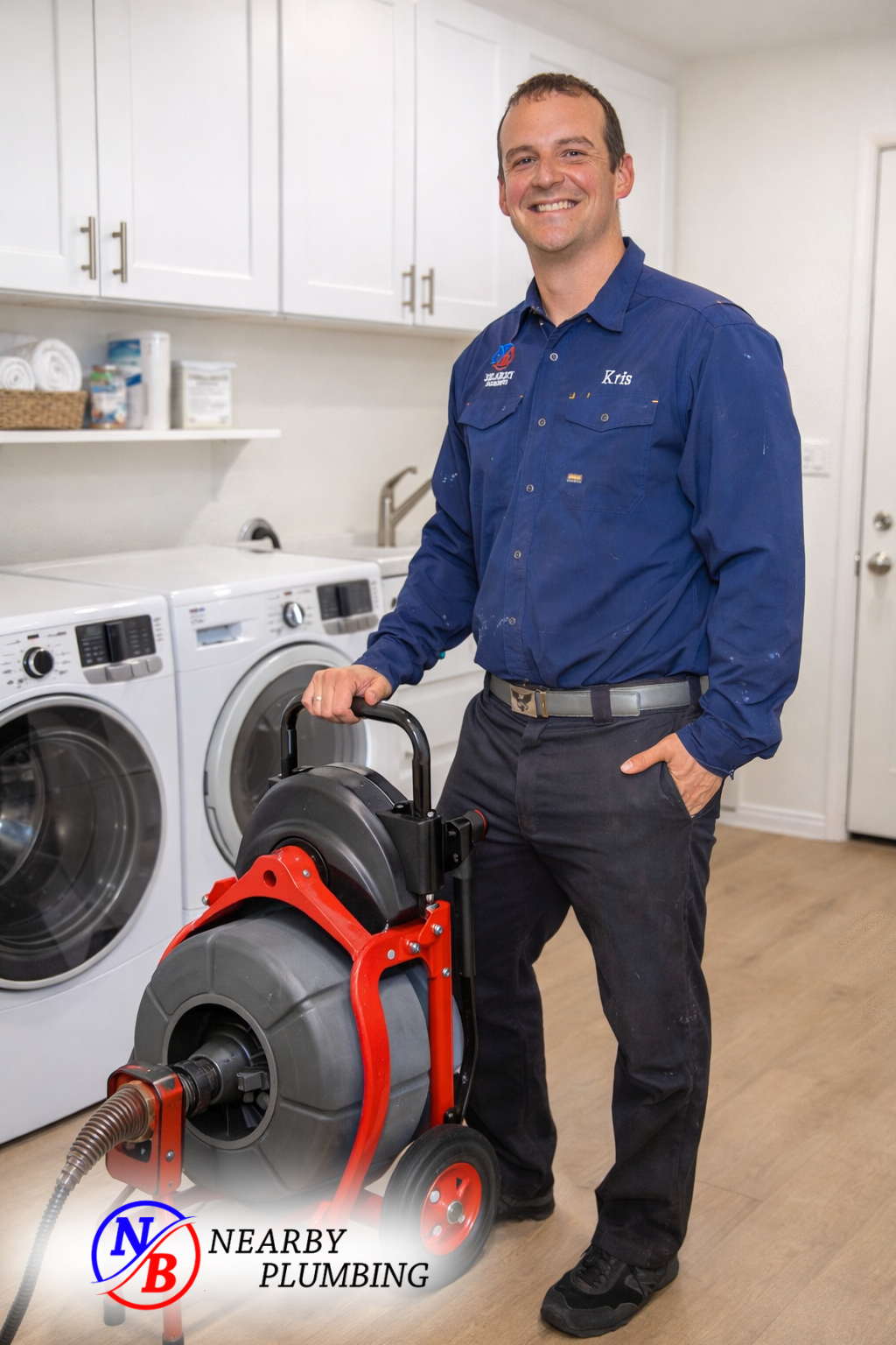 A Nearby Plumbing technician running a drain cleaning machine